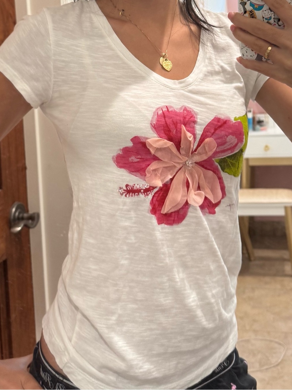 LOFT White Short Sleeve Tee with Faded Pink Stain